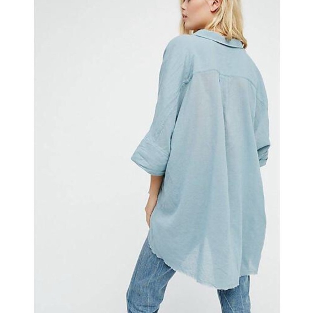 FREE PEOPLE Best of Me Blue Button Front Waterfall Top High-Low Raw Hem Blouse - Picture 3 of 16